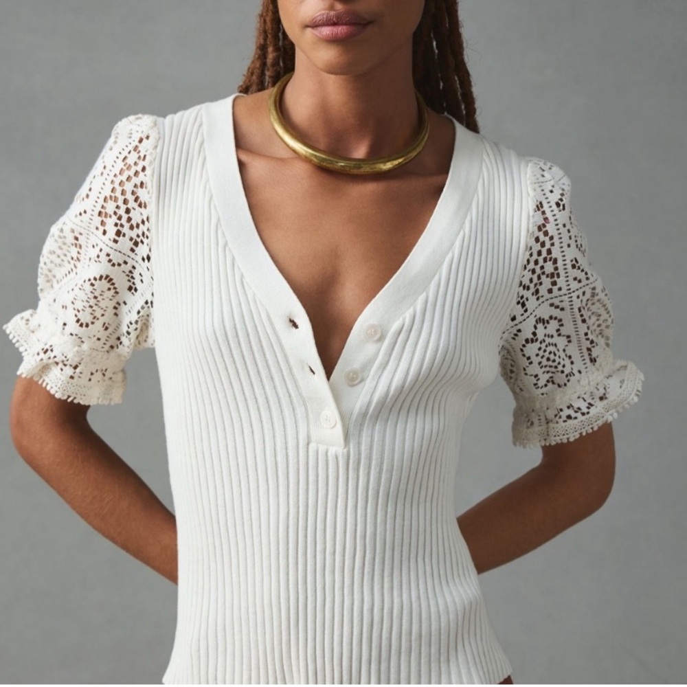 Anthropologie White Ribbed Henley Top with Crochet Puff Sleeves
